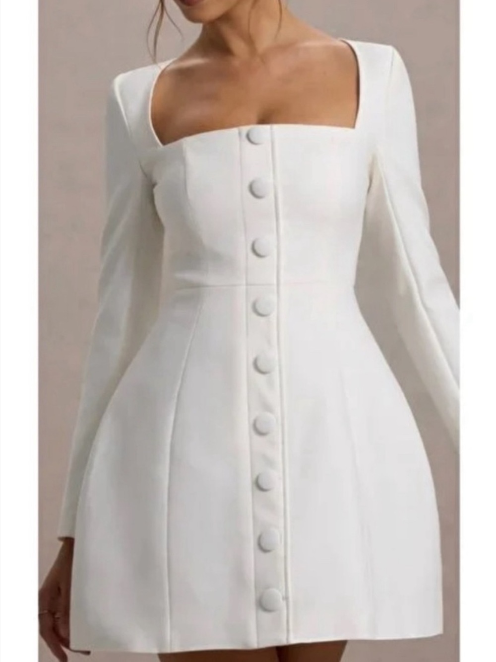 Club L London White Square-Neck Mini Dress with Button Front